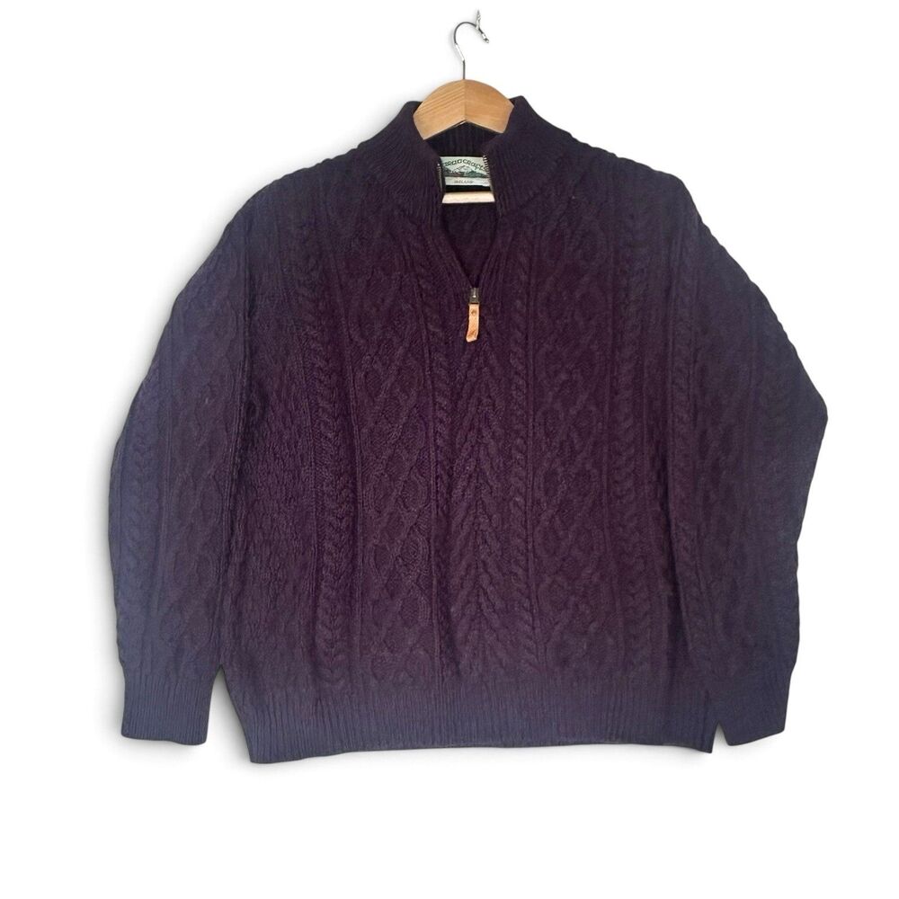Aran Crafts Men's L 100% Merino Wool 1/2 Zip Cable-Knit Fisherman Sweater Purple